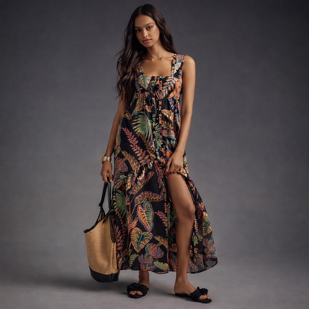 Farm Rio Cool Foliage Black Sleeveless Maxi Dress/Size XXS - Picture 2 of 9